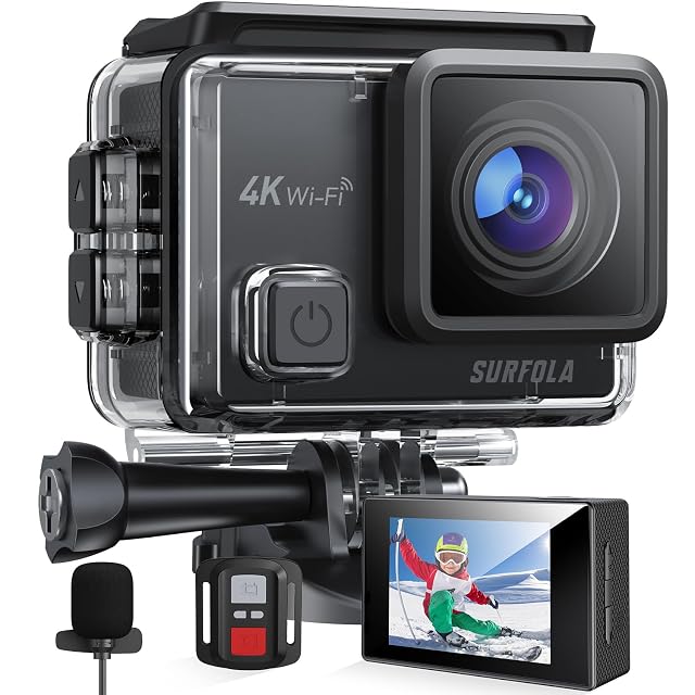 Caméra d’action Surfola SF230 avec son caisson étanche, sa télécommande et ses deux batteries