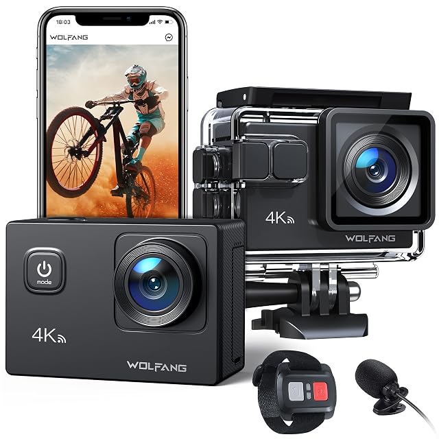 Caméra d’action WOLFANG GA100 avec son caisson étanche, sa télécommande, son micro et ses deux batteries