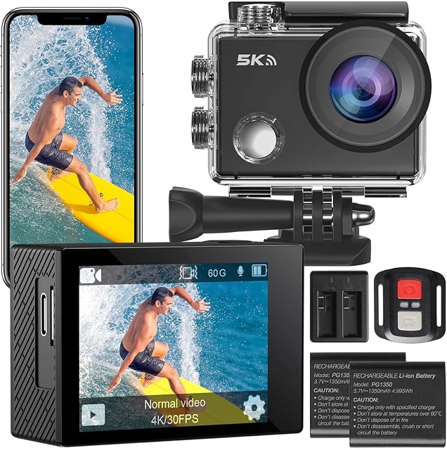 Caméra d’action Yonvim SPDmz avec son caisson étanche, sa télécommande sans fil et ses deux batteries
