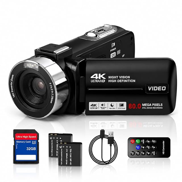Caméscope noir Aroeally HDV03 avec sa télécommande et ses deux batteries