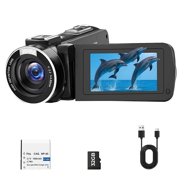 Caméscope noir CAMWORLD AC25 avec son écran déployé et sa lampe LED sur le dessus