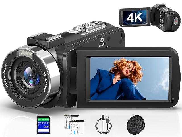 Caméscope noir PITIKI V112 avec son écran déployé et sa prise micro