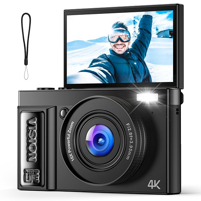 Compact noir QIUOIO A9 avec son écran arrière basculé vers l’avant pour les autoportraits