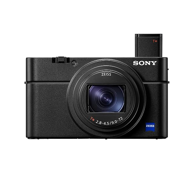 Compact de poche noir Sony RX100 VII avec son objectif zoom Zeiss déployé