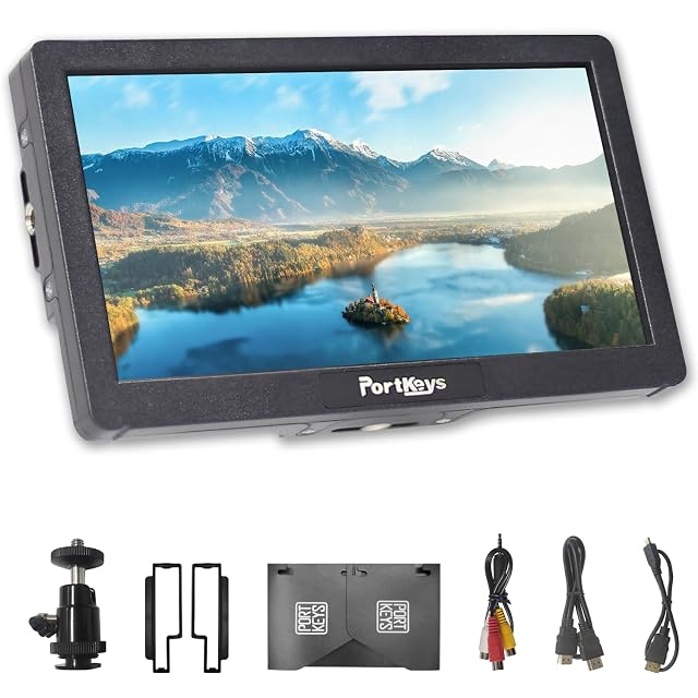 Moniteur de contrôle Portkeys HD7H avec son pare-soleil d’écran en place, affichant des fausses couleurs
