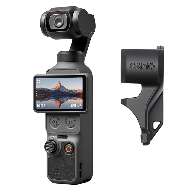 Caméra sur nacelle de poche DJI Osmo Pocket 4 debout, écran tourné vers l’avant