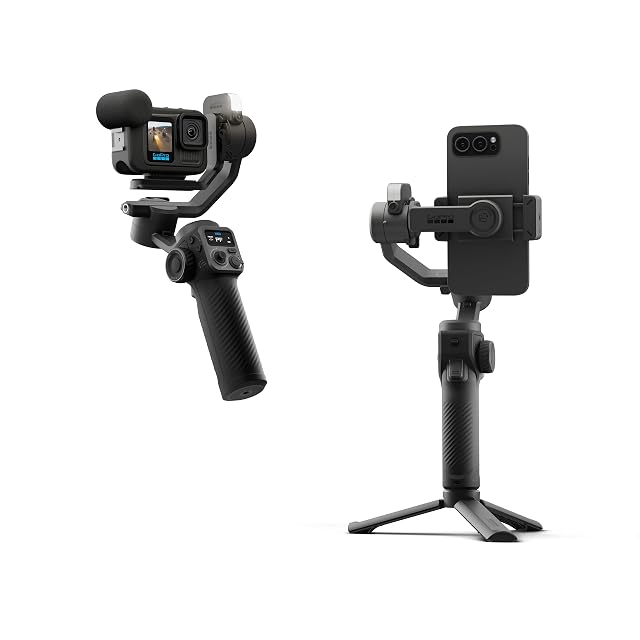 Nacelle trois axes GoPro Fluid Pro AI avec son module de suivi par IA et sa fixation pour téléphone