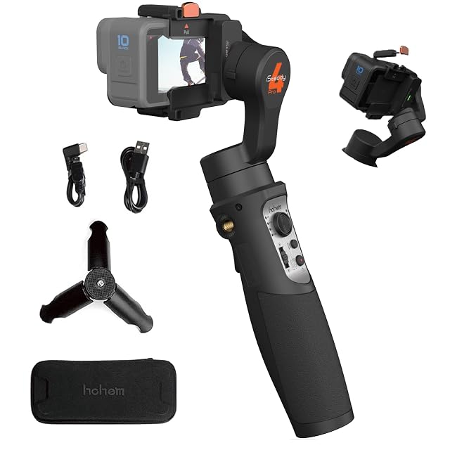 Nacelle trois axes noire hohem iSteady Pro 4 tenant une caméra d’action