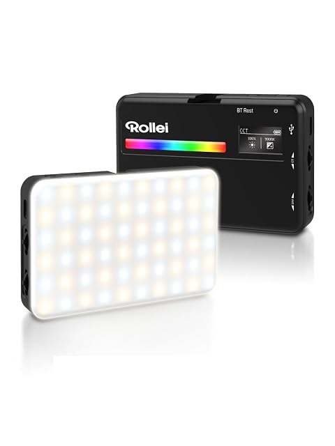 Panneau d’éclairage Rollei LUX Compact RGB noir, de la taille d’un téléphone, avec son écran OLED