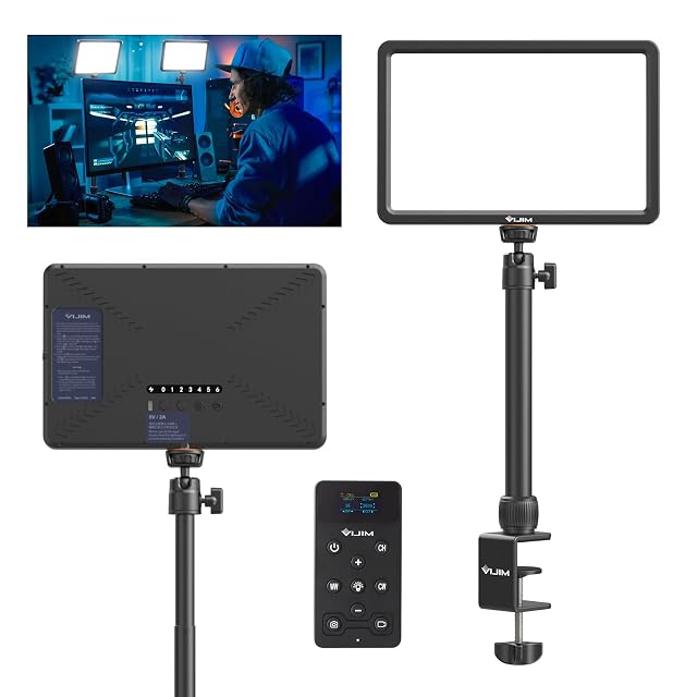 Panneau de lumière principale ULANZI K20 sur sa pince en C de bureau, avec sa télécommande magnétique à côté
