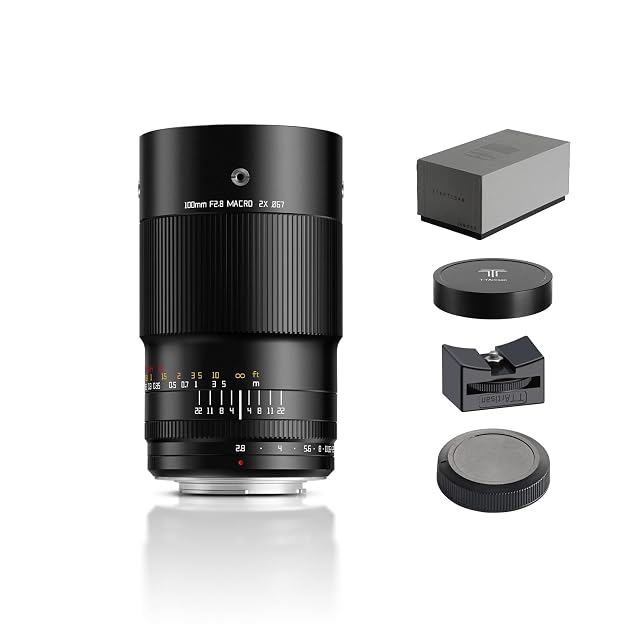Objectif macro TTARTISAN 100mm 2X en métal noir, avec des points de fixation type griffe froide sur le fût