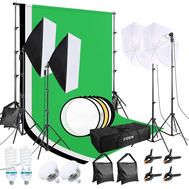 Ensemble de studio FGen monté avec son système de fond, ses boîtes à lumière, ses parapluies et ses pieds