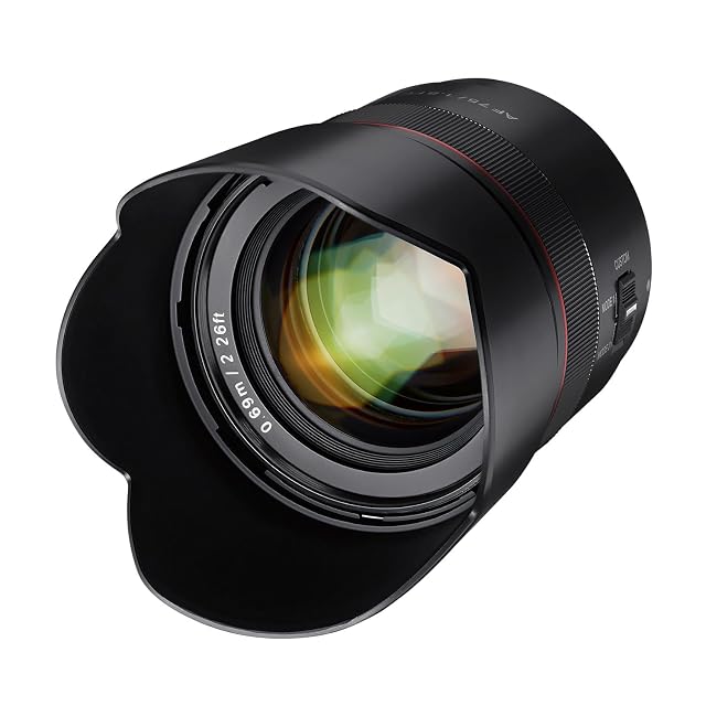 Focale fixe de portrait Samyang AF 75mm F1.8 noire, avec son commutateur personnalisable sur le fût