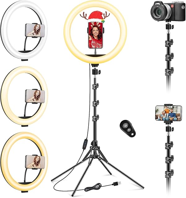 Anneau lumineux VEVICE de 11,5 pouces sur son pied à quatre jambes en aluminium, avec deux supports de téléphone