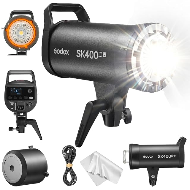 Flash de studio Godox SK400III-V noir, avec son panneau de commande et sa baïonnette Bowens