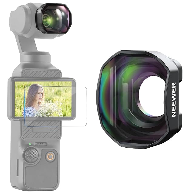 Convertisseur télé NEEWER fixé magnétiquement à l’avant d’un DJI Osmo Pocket