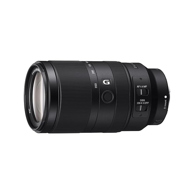 Super-téléobjectif zoom Sony SEL70350G noir, avec son bouton de maintien de mise au point et son sélecteur de mode
