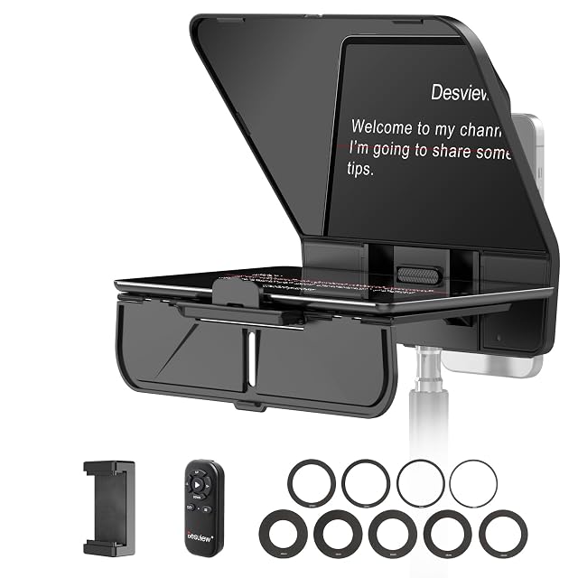 Prompteur Desview T5 avec une tablette montée et ses bagues d’adaptation disposées à côté