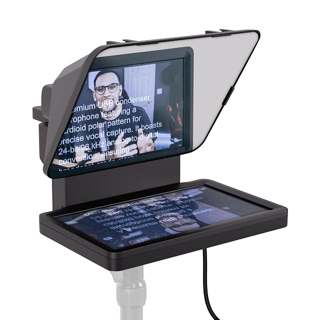 Elgato Prompter, son écran intégré affichant un script, placé devant un appareil photo