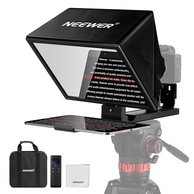 Prompteur NEEWER X12B déplié avec une tablette en place et sa télécommande