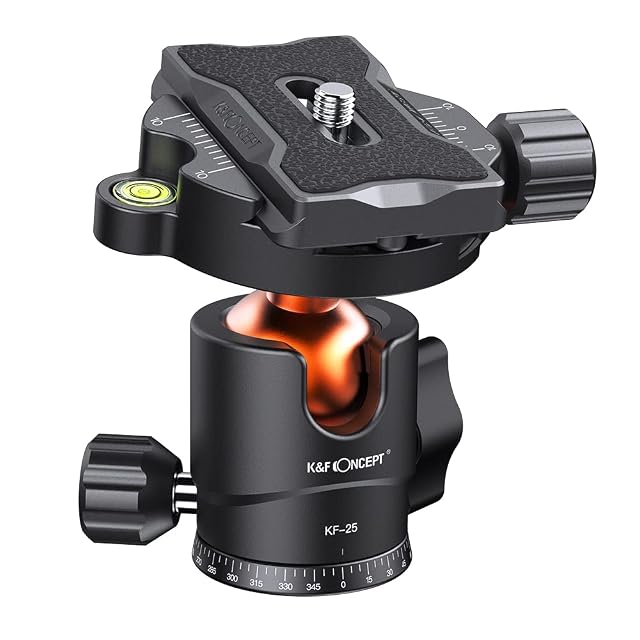 Rotule ball K&F Concept KF-25 noire avec ses trois molettes de réglage et son niveau à bulle