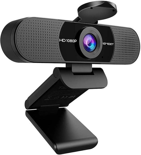 Webcam EMEET C960 noire à objectif large, avec un microphone de chaque côté