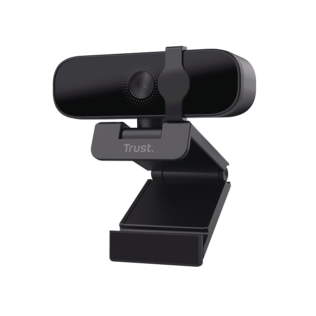 Webcam Trust Oran noire à volet de confidentialité coulissant, sur son pied universel
